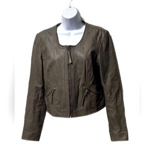 Bagatelle women’s small leather moto crop jacket taupe gray snakeskin textured